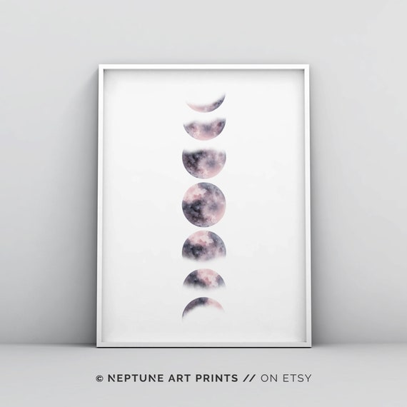 Pink Blush Blue Phases of the Moon Printable, Moon Phases Printable, Minimal Moon Poster, Moon Phases Wall Art Lunar Phases Digital Download