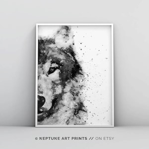 Wolf Watercolor, Wolf Painting, Wolf Poster, Black and White Watercolour, Digital Download, Woodland Decor, Forest Animal Modern Printable