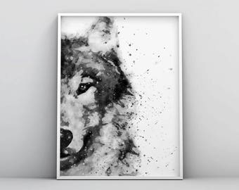 Wolf Aquarel, Wolf Painting, Wolf Poster, Zwart en Wit Aquarel, Digitaal Downloaden, Woodland Decor, Forest Animal Modern Printable