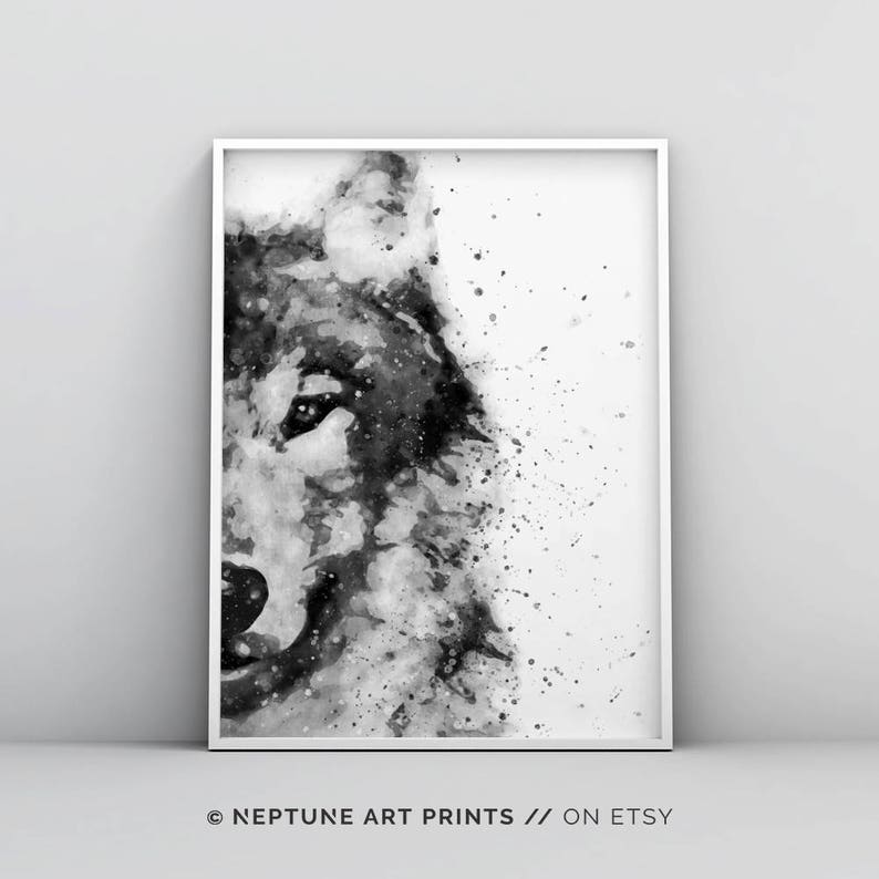 May include: Black and white watercolour painting of a wolf's face. The wolf's face is partially obscured by a splatter of white paint.