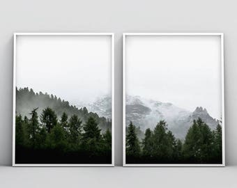 2 Piece Woodland Print, Forest Photography Printable, Landscape 2 Piece Print, 2 Piece Forest Print, Green, Fog, Mist, Misty Forest Print