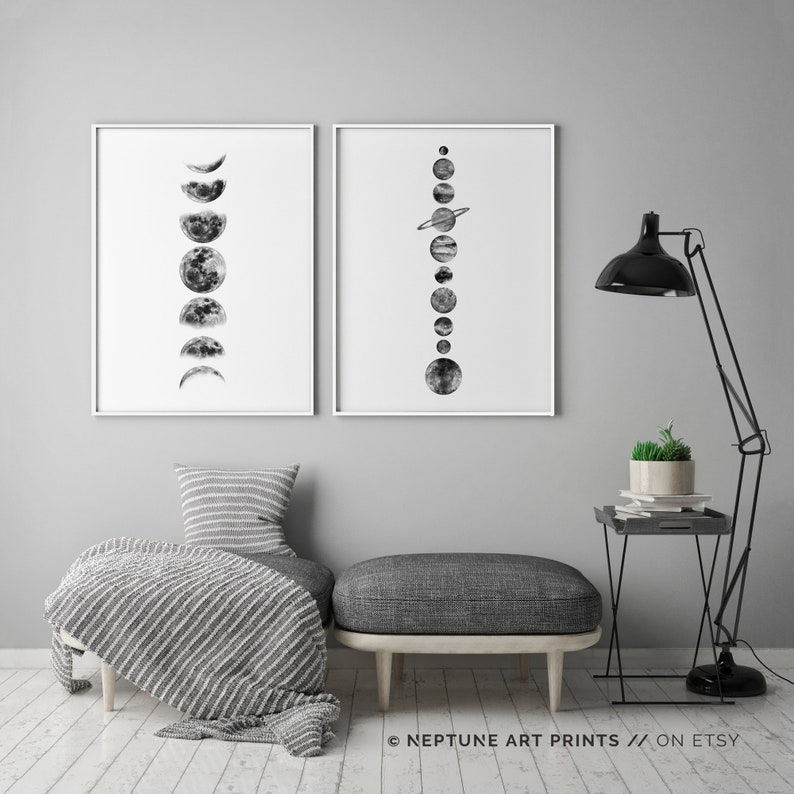 Moon Phases Solar System Minimalistic Black and White Wall Art Poster Print, Phases of the Moon, La Luna, Celestial Space Planets Wall Art image 6