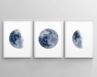 Moon Phase Print Set of 3 Watercolor Prints Celestial Bedroom Wall Decor Wall Art Luna Blue Indigo Lunar Phases Home Decor Moon Printable