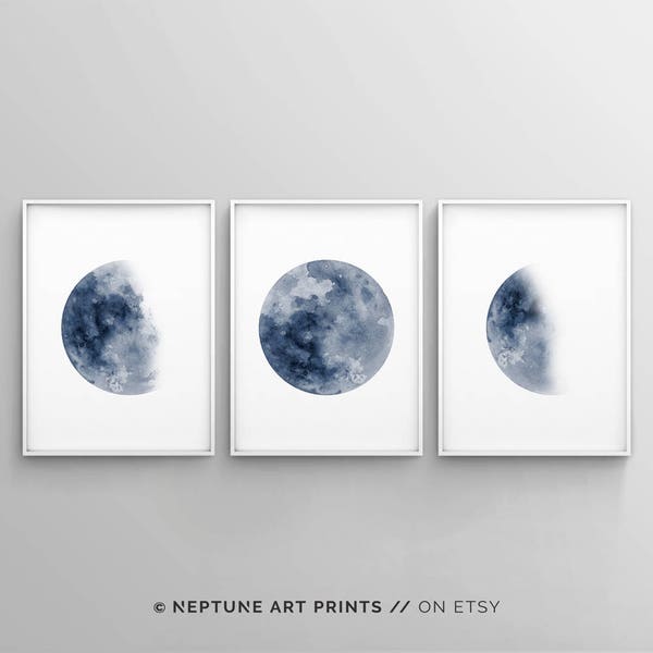 Moon Phase Print Set of 3 Watercolor Prints Celestial Bedroom Wall Decor Wall Art Luna Blue Indigo Lunar Phases Home Decor Moon Printable