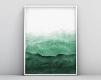 Abstract Wall Art Print, Green Painting, Emerald, Teal Decor, Modern Minimalist, Watercolour, Printable Digital Download, Large Poster