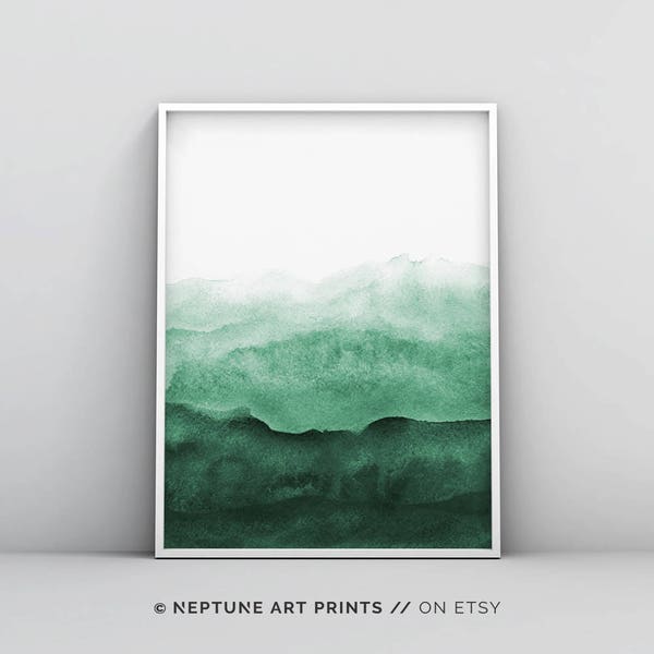 Abstract Wall Art Print, Green Painting, Emerald, Teal Decor, Modern Minimalist, Watercolour, Printable Digital Download, Large Poster