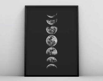 Moon Phases Wall Art, Cartel de las Fases de la Luna En Blanco y Negro, Impresión de Fases De la Luna, La Luna, Luna Imprimible, Impresión Digital de Luna Minimalista, Moderno