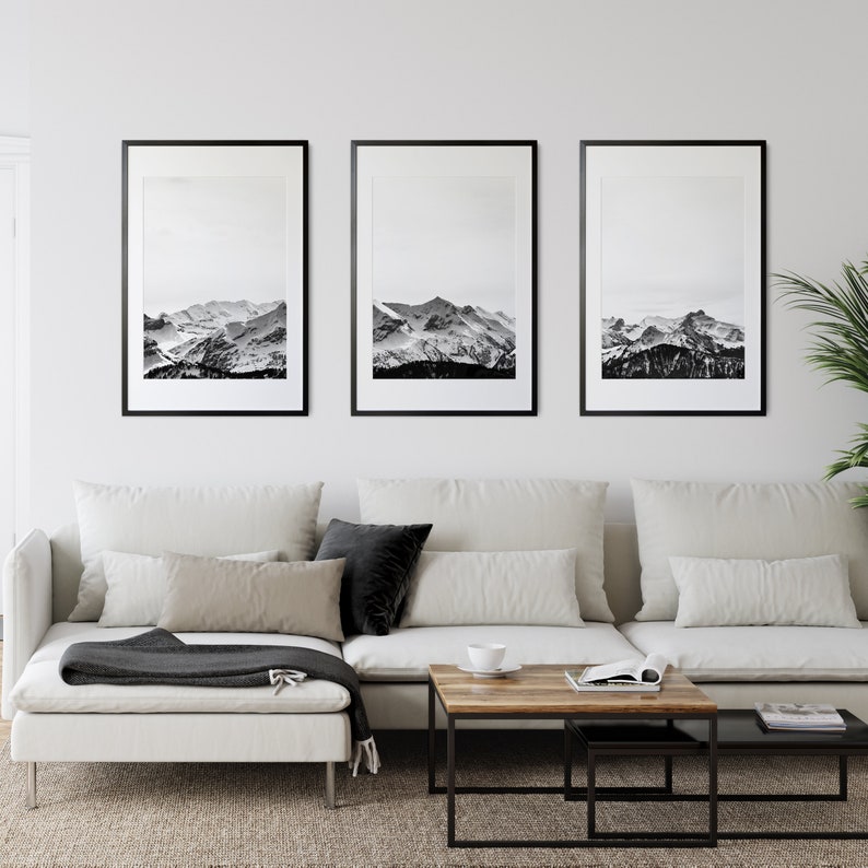 Mountain Art Print, Black White Wall Art, Set of 3 Prints, Mountain Poster, 3 Piece Wall Art, Landscape Prints, Snow Mountain Art, Nature image 4