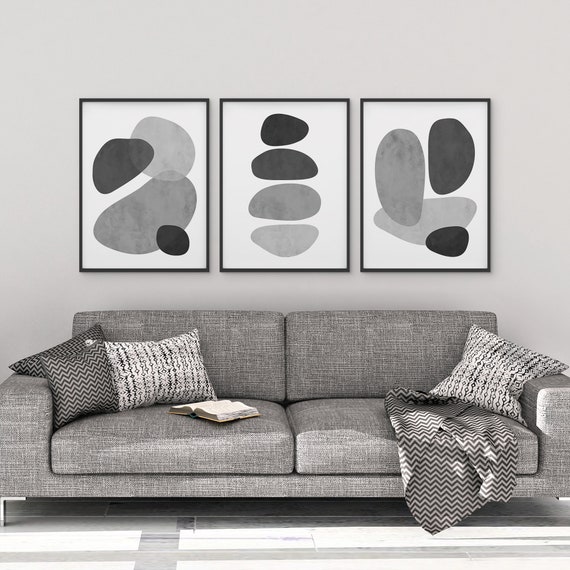 3 Piece Abstract Shapes Black Gray White Wall Art Poster