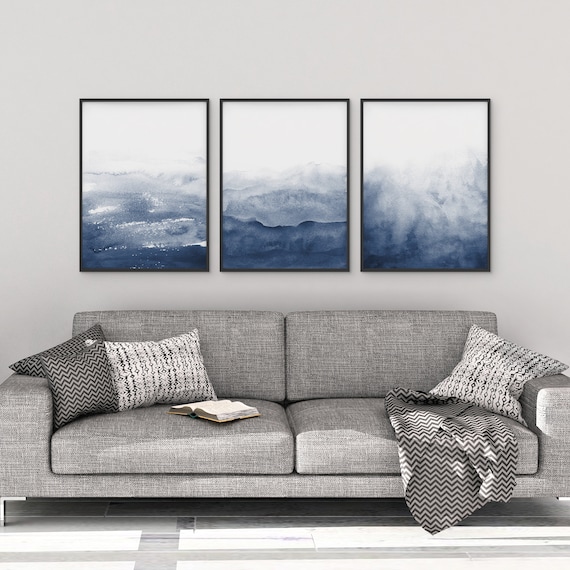 Framed Large Canvas Navy Blue Wall Art For Home, Silver Panels Hand