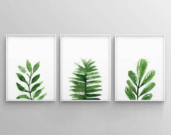 Botanical Print Sets, Palm Leaf Prints, Tropical Leaves Printable, Greenery Wall Art, Kitchen Decor, Green Leaf, Set of 3, 3 Piece Poster