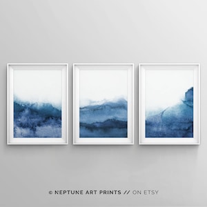 Set of 3 Navy Blue Wall Art, Minimalist Print, Blue Abstract Art, Bedroom Wall Art, Printable Watercolor Print, Modern Landscape Print,