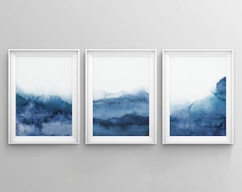 Set of 3 Navy Blue Wall Art, Minimalist Print, Blue Abstract Art, Bedroom Wall Art, Printable Watercolor Print, Modern Landscape Print,