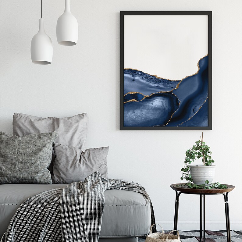 Dark Blue Agate Geode Set of 3 Piece Wall Art Printable Abstract Blue ...