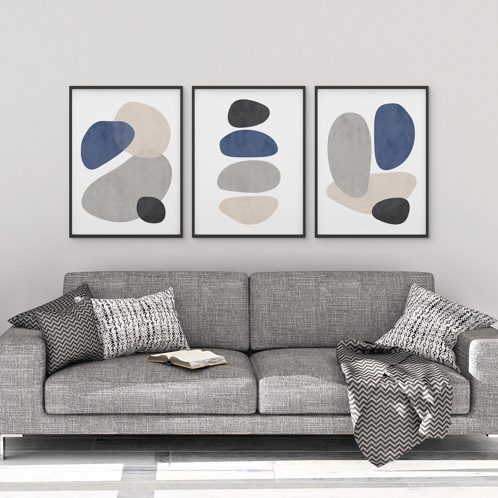 3 Piece Abstract Shapes Navy Blue Beige Watercolor Wall Art Etsy