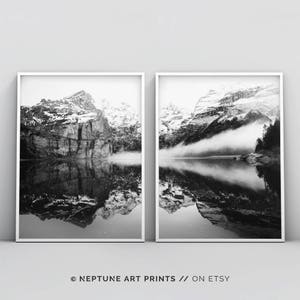 Reflection Mountain Print, Black and White Wilderness Printable, 2 Piece, Set of Two, Landscape, Nature, Home Decor, Modern Wall Art Poster