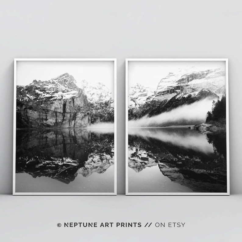 Reflection Mountain Print, Black and White Wilderness Printable, 2 Piece, Set of Two, Landscape, Nature, Home Decor, Modern Wall Art Poster image 1