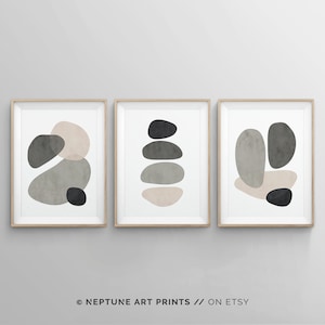3 Piece Abstract Shapes Neutral Beige Grey Wall Art Poster Print, Mid Century Earth Tone Modern Art Print Set, Minimalistic Large Wall Art
