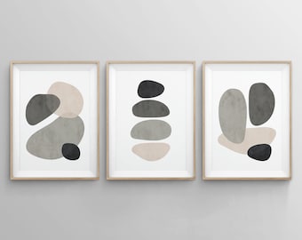 3 Piece Abstract Shapes Neutral Beige Grey Wall Art Poster Print, Mid Century Earth Tone Modern Art Print Set, Minimalistic Large Wall Art