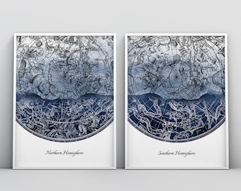 2 Stück Konstellation Karte Drucken, himmlische Sterne Karte Druck, Astronomie Kunst, nördliche südliche Hemisphäre Stern Diagramm Poster druckbare Wandkunst