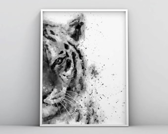 Tiger Watercolor Printable, Black and White Tiger, Tiger Painting, Abstract Digital Download, Woodland Wall Art, Forest Animal Modern Poster