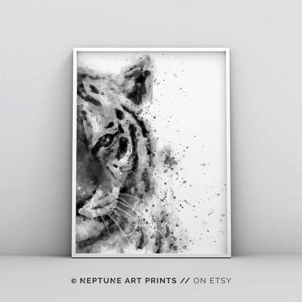 Tiger Watercolor Printable, Black and White Tiger, Tiger Painting, Abstract Digital Download, Woodland Wall Art, Forest Animal Modern Poster