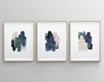3ピースブルーアート、ブルーウォールアート、ベッドルームウォールアート、アブストラクトウォールアート、プリント可能なウォールアート、リビングルームプリント、ティールウォールアート、ミニマリストアート