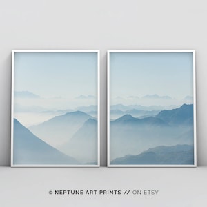 Montanha minimalista, arte de parede de montanha azul, pôster de paisagem, conjunto de 2, download instantâneo de arte para impressão, download digital, natureza, decoração de neblina