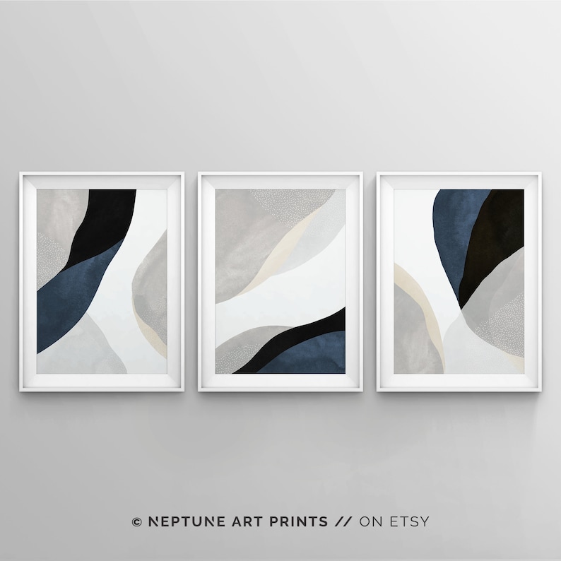 3 Piece Art Prints Navy Blue Wall Art Abstract Wall Art Etsy