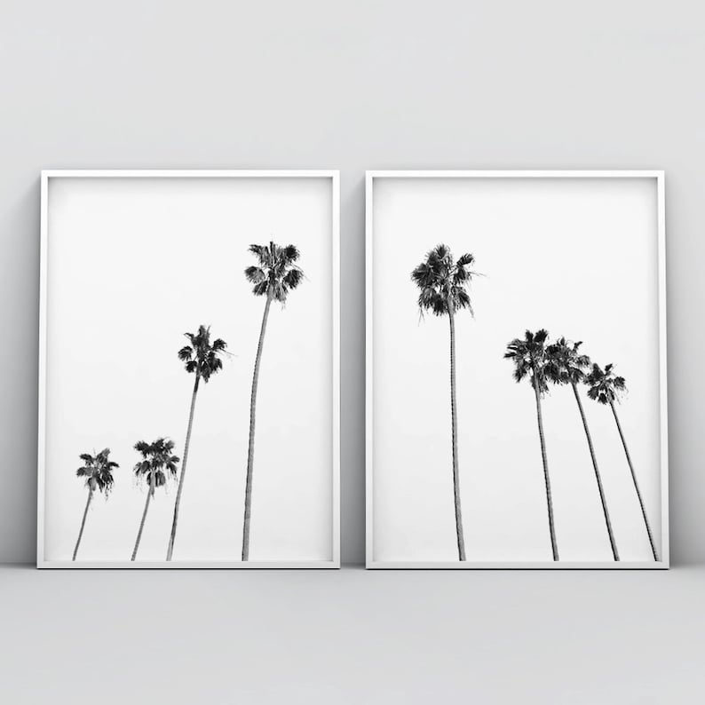 Black and White Palm Trees Print, Black and White Tropical Tree Print, 2 Piece Wall Art, Palm Trees Wall Art, Palm Tree Photo Tropical Decor image 1