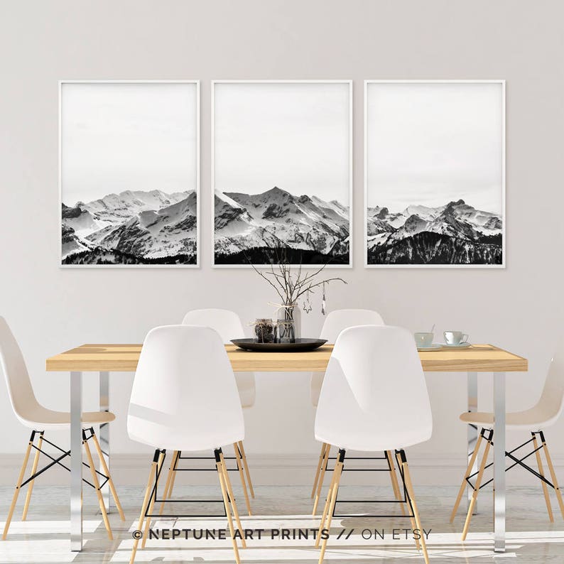 Mountain Art Print, Black White Wall Art, Set of 3 Prints, Mountain Poster, 3 Piece Wall Art, Landscape Prints, Snow Mountain Art, Nature image 5