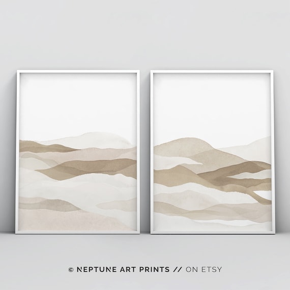 Set of 2 Piece Beige Wall Art, Abstract Landscape Painting, Modern Scandi Wall Art Prints, Neutral Print, Minimalist Poster, Printable Art
