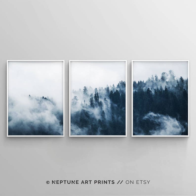 3 Piece Indigo Woodland Forest Printable Wall Art, Set of 3 Forest Minimalist Poster Print, Misty Forest, Modern Indigo Navy Blue Wall Art image 1