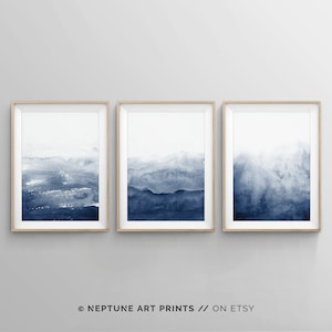 Blue Wall Art, Watercolor Prints, Navy Blue Wall Art, Blue Abstract Wall Art, Modern Wall Art, 3 Piece Wall Art, Blue and White Art, Ombre
