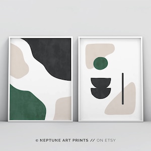 2 Piece Mid Century Forest Green Wall Art Poster Print, Abstract Illustration Line Art, Large Emerald Green Wall Art, 24x36, 18x24, 16x20