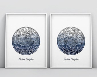 Konstellation Karte drucken, himmlische Karte Drucken, SternKarte Druck, Astronomie, nördliche Hemisphäre, südlich, Stern Diagramm Set von 2 Poster, 2 Stück