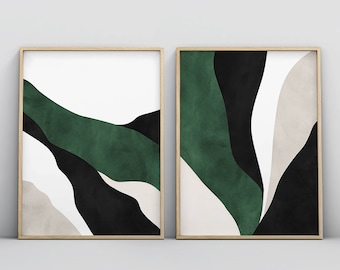 Dark Green Wall Art, Bedroom Wall Art, Living room Art, Emerald Jewel Green Set of 2 Piece Prints, Modern Abstract Minimalist Wall Artwork