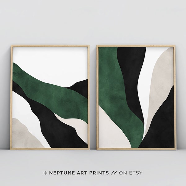 Dark Green Wall Art, Bedroom Wall Art, Living room Art, Emerald Jewel Green Set of 2 Piece Prints, Modern Abstract Minimalist Wall Artwork