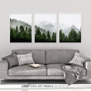 3 Piece Forest Wall Art Print, Set of 3 Forest Landscape Art, Green Forest Printable, Nature Printable, Modern Art, Minimalist, Misty, Decor image 5