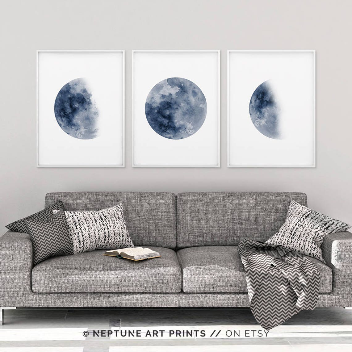 Moon Phase Print Set of 3 Watercolor Prints Celestial Bedroom Wall ...