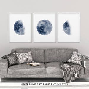 Moon Phase Print Set of 3 Watercolor Prints Celestial Bedroom Wall ...