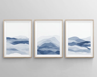 Set of 3 Piece Blue Wall Art, Abstract Navy Blue Painting, Wall Art Prints, Instant Digital Download, Minimalist Poster Printable Art Decor