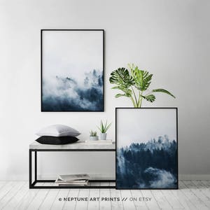 May include: Two framed prints of a misty forest scene in shades of blue and white. The prints are hanging on a white wall above a concrete shelf with a black metal frame. A potted plant with green leaves is on the shelf.
