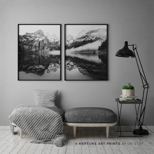 Reflection Mountain Print, Black and White Wilderness Printable, 2 Piece, Set of Two, Landscape, Nature, Home Decor, Modern Wall Art Poster image 4