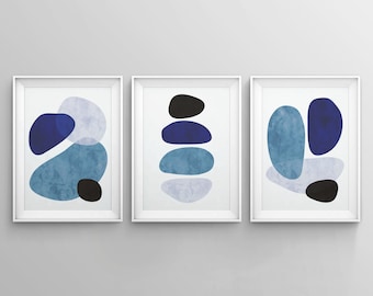 Abstract Blue Shapes Wall Art Print, Set of 3 Printable Wall Art, 3 Piece Indigo Blue Art, Minimalistic, Modern, Pastel Blue Poster, Digital