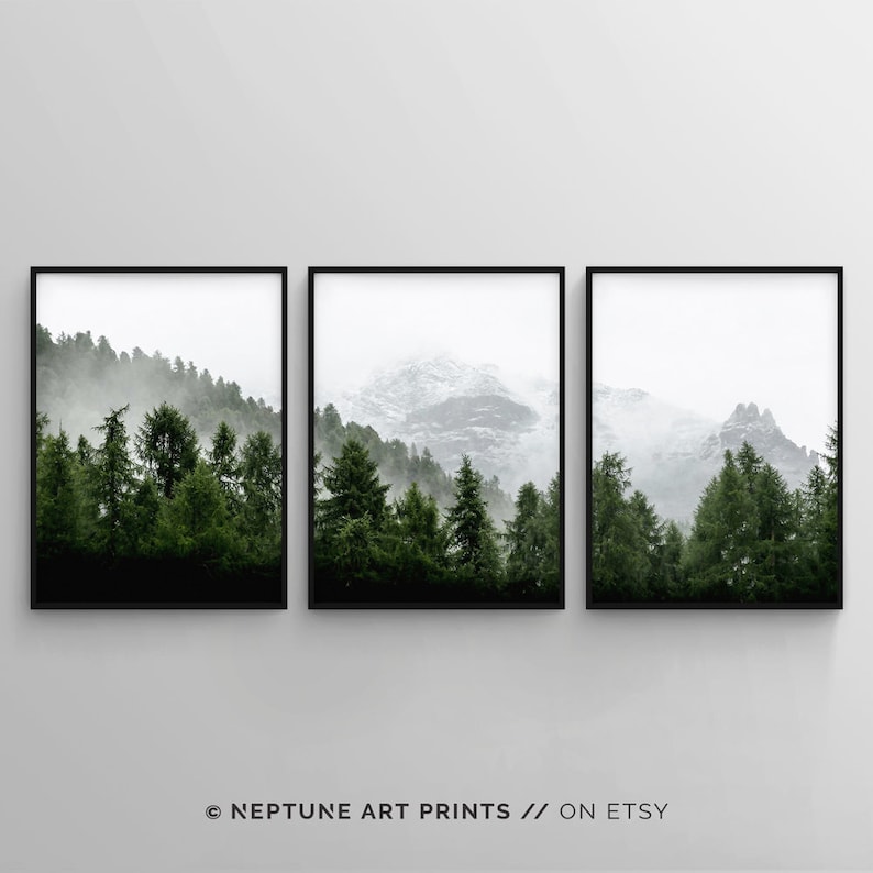 3 Piece Forest Wall Art Print, Set of 3 Forest Landscape Art, Green Forest Printable, Nature Printable, Modern Art, Minimalist, Misty, Decor image 6