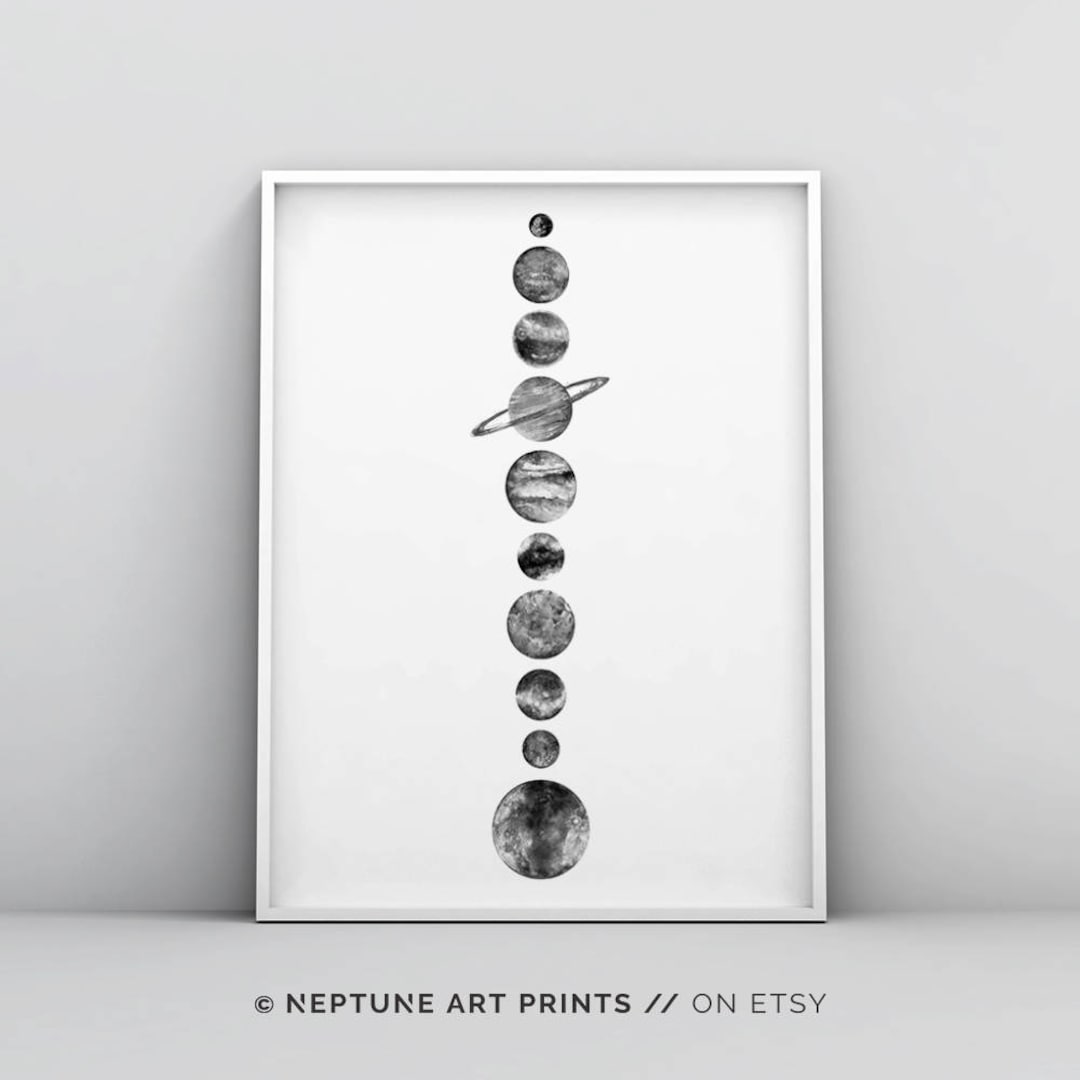 Solar System Wall Art, Black and White, Planets Printable, Space Poster