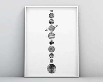 Solar System Wall Art, Black and White, Planets Printable, Space Poster, The Solar System Poster, Minimalist, Digital Download, Space Print