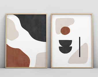 2 Piece Abstract Mid Century Terracotta Modern Earth Tone Wall Art, Set of 2 Burgundy Red Masala Printable Wall Art, Minimalistic Wall Art