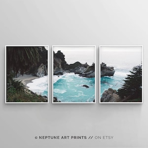 May include: A three-part panoramic photograph of a rocky coastline with turquoise water crashing against the shore. The image is divided into three sections, each showing a different perspective of the coastline. The first section shows a beach with green foliage and a rocky cliff. The second section shows the turquoise water crashing against the rocks. The third section shows a rocky cliff with green foliage.